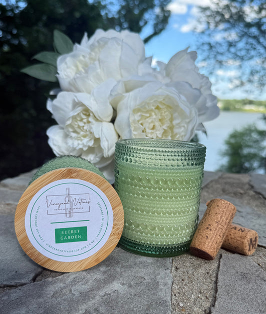 8oz. Green Jupiter Glass Candle with Bamboo Lid